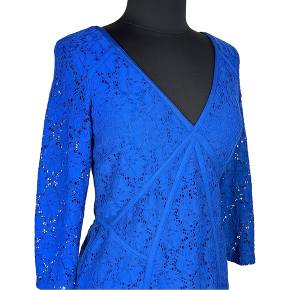 ADRIANNA PAPELL BLUE FLORAL LACE 3/4 SLEEVE STRETCH FITTED SHEATH COCKTAIL DRESS - Picture 8 of 15